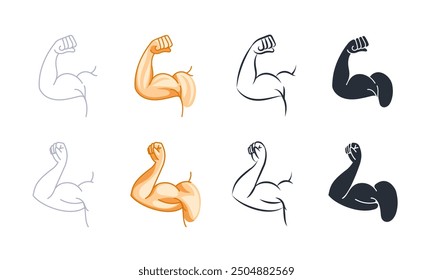Set of strong arms showing biceps muscle, flexing powerful forearm, in cartoon, silhouette and line art style