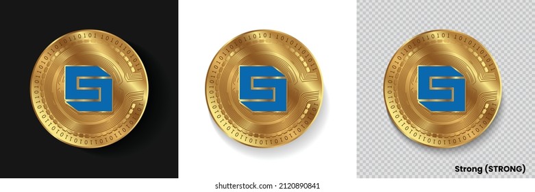 Set of Strong (STRONG) crypto currency logo symbol vector isolated on white, dark and transparent background. Can be used as golden coin sticker, icon, label, badge, print design and emblem