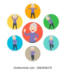 set of strong elderly woman healthy from exercise various actions in circle chart