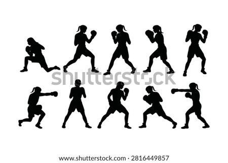 Set of strong female boxer silhouettes in various aggressive fighting, defending, and punching stances.