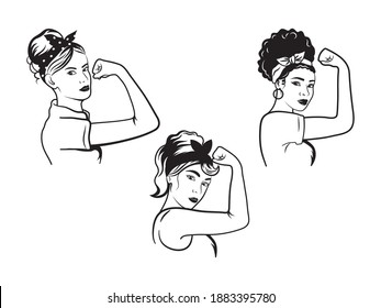 Set of strong girl in headband. Collection of classical american symbol of female power, women rights, etc. Rosie the Riveter. Portrait of pin-up girl. Vector illustration of woman in retro style.