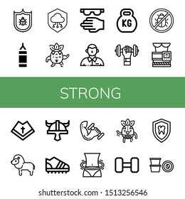 Set of strong icons such as Antivirus, Punching bag, Shield, Strong, Protective, Defendant, Kettlebell, Dumbbell, Slimming belt, Mantle, Lion, Viking helmet, Trainers , strong