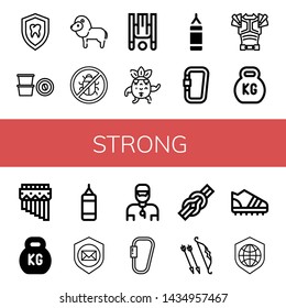 Set of strong icons such as Shield, Coffee capsule, Lion, Antivirus, Inversion therapy, Strong, Punching bag, Carabiner, Armor, Kettlebell, Zampona, Trainer, Knot, Archer , strong
