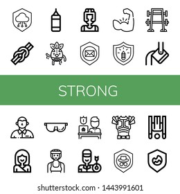Set of strong icons such as Shield, Knot, Punching bag, Wrestler, Boxer, Muscle, Protection, Bench press, Heavy, Defendant, Karate, Protective, Archer, Armor, Inversion therapy , strong