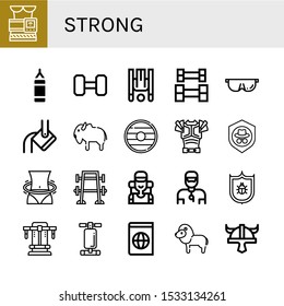 Set of strong icons. Such as Slimming belt, Punching bag, Weightlifting, Inversion therapy, Protective, Heavy, Bison, Shield, Armor, Hula hoop, Bench press, Climber , strong icons