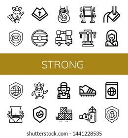 Set of strong icons such as Superhero, Shield, Mantle, Kettlebell, Lifter, Bench press, Heavy, Karate, Hula hoop, Strong, Climber, Defense, Trainers, Punching bag, Atlas , strong