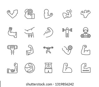 Set of strong Related Vector Line Icons. Includes such Icons as sports, health, strength, bodybuilding, powerlifting, muscle, press, dumbbells, barbell, exercise, fitness, healthy eating
