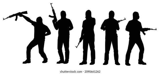 Set of strong robber with assault rifle gun silhouette vector isolated on white background
