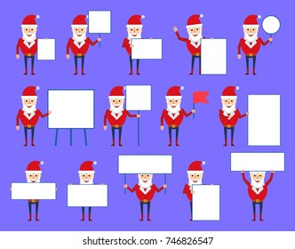 Set of strong Santa Claus characters posing with different blank signboards. Well built Santa holding banner, sign, placard, pointing to whiteboard. Flat style vector illustration
