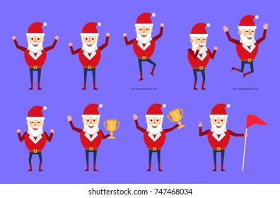 Set of strong Santa Claus characters showing different success actions. Well built Santa celebrating, jumping, holding golden cup and showing other actions. Flat style vector illustration