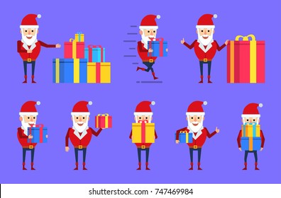 Set of strong Santa Claus characters posing with gift box in different situations. Well built Santa holding gift box, pointing, running and showing other actions. Flat style vector illustration