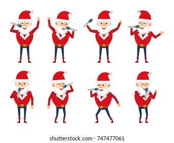 Set of strong Santa Claus characters posing with microphone in various situations. Funny Santa karaoke singing. Flat style vector illustration