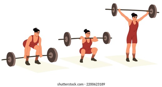 Conjunto de mujeres fuertes en ropa deportiva haciendo levantamiento mortal durante el entrenamiento. Joven culturista haciendo ejercicios con una pesada panza en el gimnasio. Levantamiento de pesas, estilo de vida deportivo. Ilustración del vector