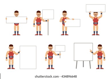 Set of strongman characters posing with different blank banners. Cheerful strongman with paper, poster, placard, pointing to whiteboard, teach, advertise, promote. Flat style vector illustration