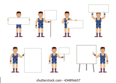 Set of strongman characters posing with different blank banners. Cheerful wrestler holding paper, poster, placard, pointing to whiteboard. Teach, advertise, promote. Flat style vector illustration