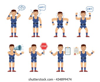 Set of strongman characters posing in different situations. Cheerful wrestler talking on phone, surprised, thinking, angry, holding stop sign, loudspeaker, document. Flat style vector illustration