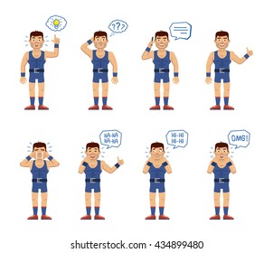 Set of strongman characters posing in different situations. Cheerful wrestler talking on phone, pointing up, thinking, crying, laughing, surprised. Flat style vector illustration