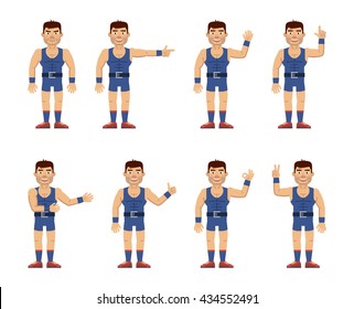 Set of strongman characters showing different hand gestures. Cheerful wrestler showing thumb up gesture, this way, greeting, waving, pointing up and other hand gestures. Flat style vector illustration