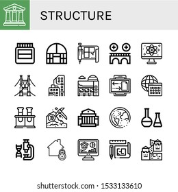 Set of structure icons. Such as Courthouse, Hormones, Dome greenhouse, Blueprint, Bridge, Quantum, Condominium, Museum, Connection, Binary code, Chemical, Data mining , structure icons