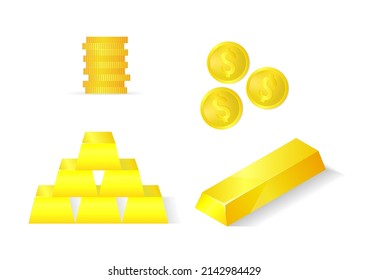 set of stuck gold bars and gold coin. Isolated on white background