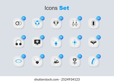 Set Ohrringe, Diamant, Armband Schmuck, Hochzeit, Halskette, und Christian Kreuz-Kette Symbol. Vektorgrafik