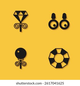 Set Stud earrings, Diamond,  and Earrings icon with long shadow. Vector