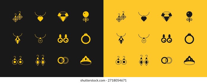 Set Stud pendientes, pendientes, Boda, medallón en el collar, diamante y collar con el icono en forma de corazón. Vector