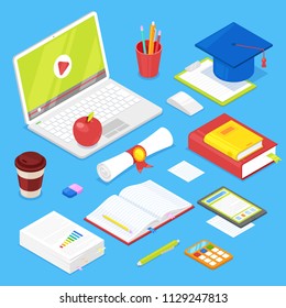 Set of student acsessories on blue background.Vector illustration.