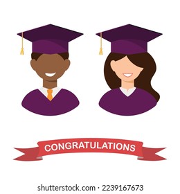 Set of student avatar icons. Smiling graduates guy and girl in graduation hats and gown. Graduation greeting card. Vector icon. 
