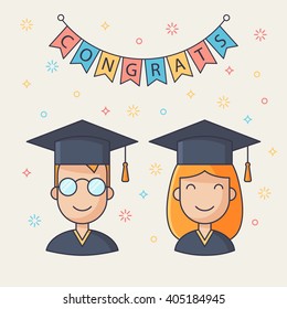 Set of student avatar icons. Vector guy and girl student avatars.  Cartoon style. Graduation greeting card, illustration. Flat graduate characters in graduation hat and gown. Happy student pictogram.