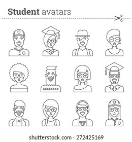 Set of student avatars. Guys and girls are at high school, college and university. Pack of male and female profiles. Stock vector icons.