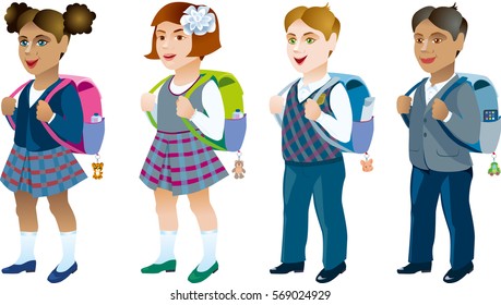 Set of student with backpack on a white background.