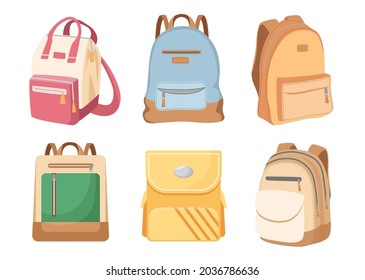 Set Student Backpacks, Schoolbags for Girls and Boys, Kids School Bags, Modern Knapsacks and Rucksacks for Baby with Slings and Pockets Isolated on White Background. Cartoon Vector Illustration, Icons