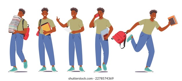 Set Student Boy With Backpack And Books in Different Poses and Motion Walk, Stand, Run. Concept of Male Character Education, Back to School, College Or University. Cartoon People Vector Illustration