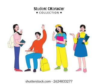 Conjunto de personagens estudantis ilustrados em estilo lowbrow desenhado à mão, perfeito para temas back-to-sc. Inclui crianças, suprimentos e ícones de educação divertida. Ideal para impressão, design e muito mais.