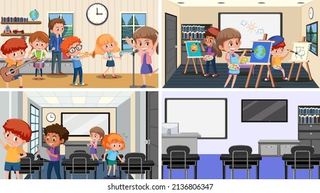 Set of student in the classroom scene illustration