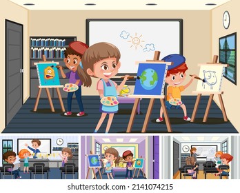 Set of student in the classroom scene illustration