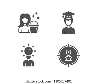 Set of Student, Cleaning and Education icons. Headhunting sign. Graduation cap, Maid service, Human idea. Person in target.  Quality design elements. Classic style. Vector