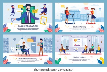 Set Student Collective Learning, Online Education. Banner Inscription Student Lecture, Student Morning. Pupils Students are Sitting Spacious Room and Listening to Teacher, Wall is Diagram.