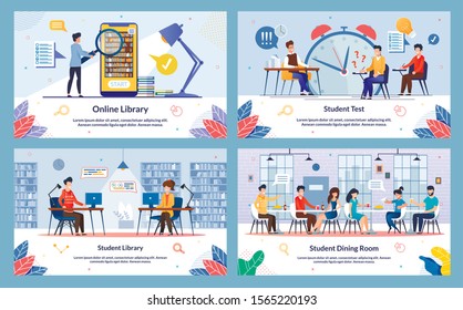 Set Student Dining Room, Online Library, Slide. Vector Illustration Student Library, Student Test, Cartoon. Guy Poorly Prepared and Experiencing Stress. Student Well Prepared and Happy.