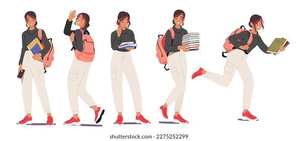 Set Student Girl With Backpack And Books in Different Poses and Motion Walk, Stand, Run. Concept of Female Character Education, Back to School, College Or University. Cartoon Vector Illustration