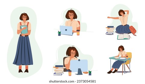 Poner el personaje de chica estudiante en diferentes situaciones Aprendiendo, prepararse para el examen, trabajar en una laptop, sentarse en la mesa con libros. Educación, de vuelta a la escuela, a la universidad o a la universidad. Ilustración del vector de dibujos animados