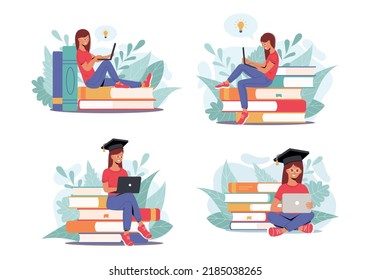 Set of Student girls studying with laptop. Young woman sitting on stack of books, getting knowledge online. Collection of vector illustration for e-learning, internet course, school concept. Education