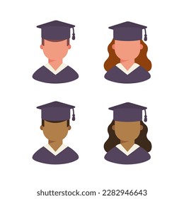 Set of student graduation avatars. Young multicultural male and female. Vector illustration.