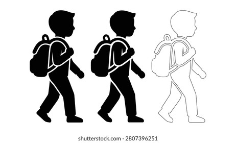 Set of student icons with backpack walking to school isolated
