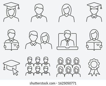 Set of student icons, such as education, group, webinar, academic and more. Editable stroke.