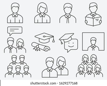 Set of student icons, such as education, group, webinar, academic and more. Editable stroke.