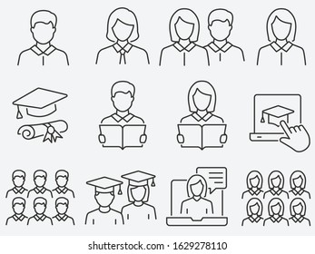 Set of student icons, such as education, group, webinar, academic and more. Editable stroke.