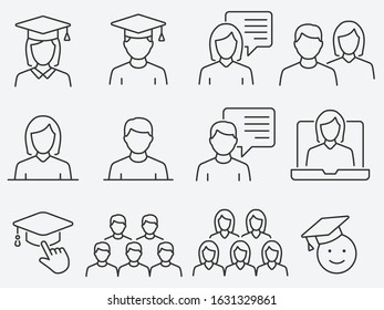 Set of student icons, such as education, group, webinar, academic and more. Editable stroke.