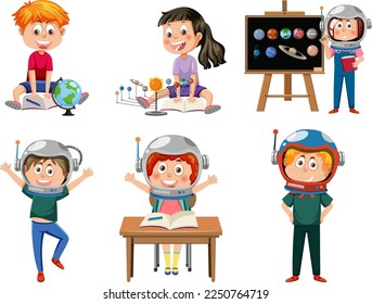 Set of student kids learning astronomy illustration
